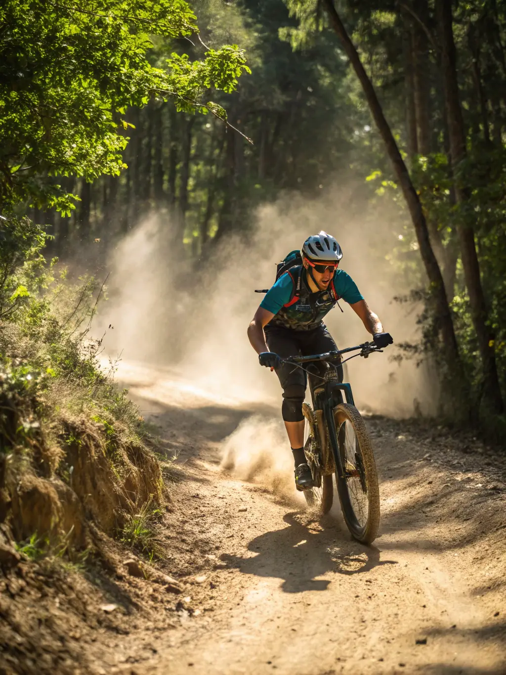 A dynamic photograph capturing cyclists racing through a challenging mountain biking course organized by SPORTS PALANGES NATURE, emphasizing speed, skill, and the thrill of outdoor adventure.