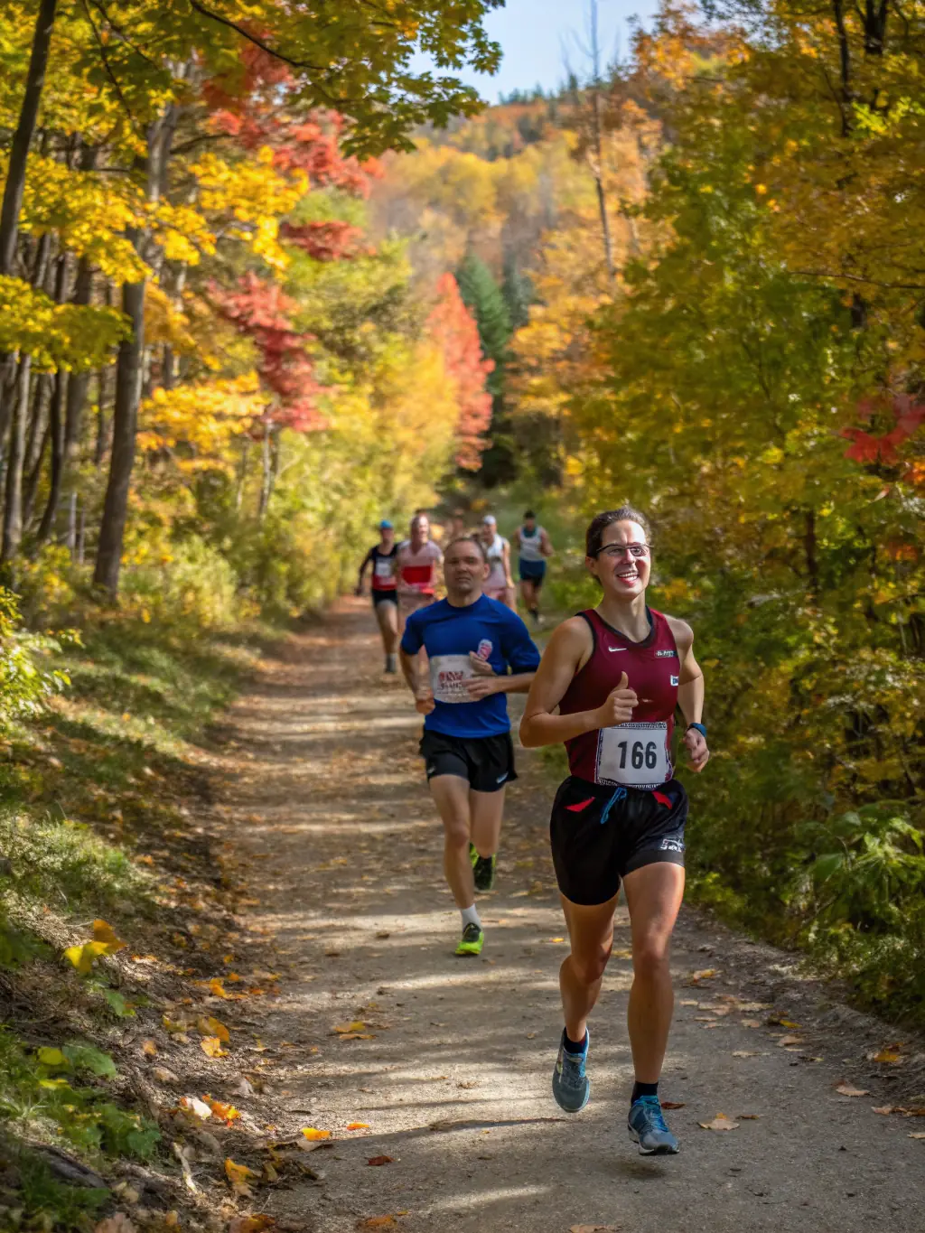A vibrant photograph capturing the start of a trail running event organized by SPORTS PALANGES NATURE, with participants of all ages and abilities setting off into a scenic forest trail.