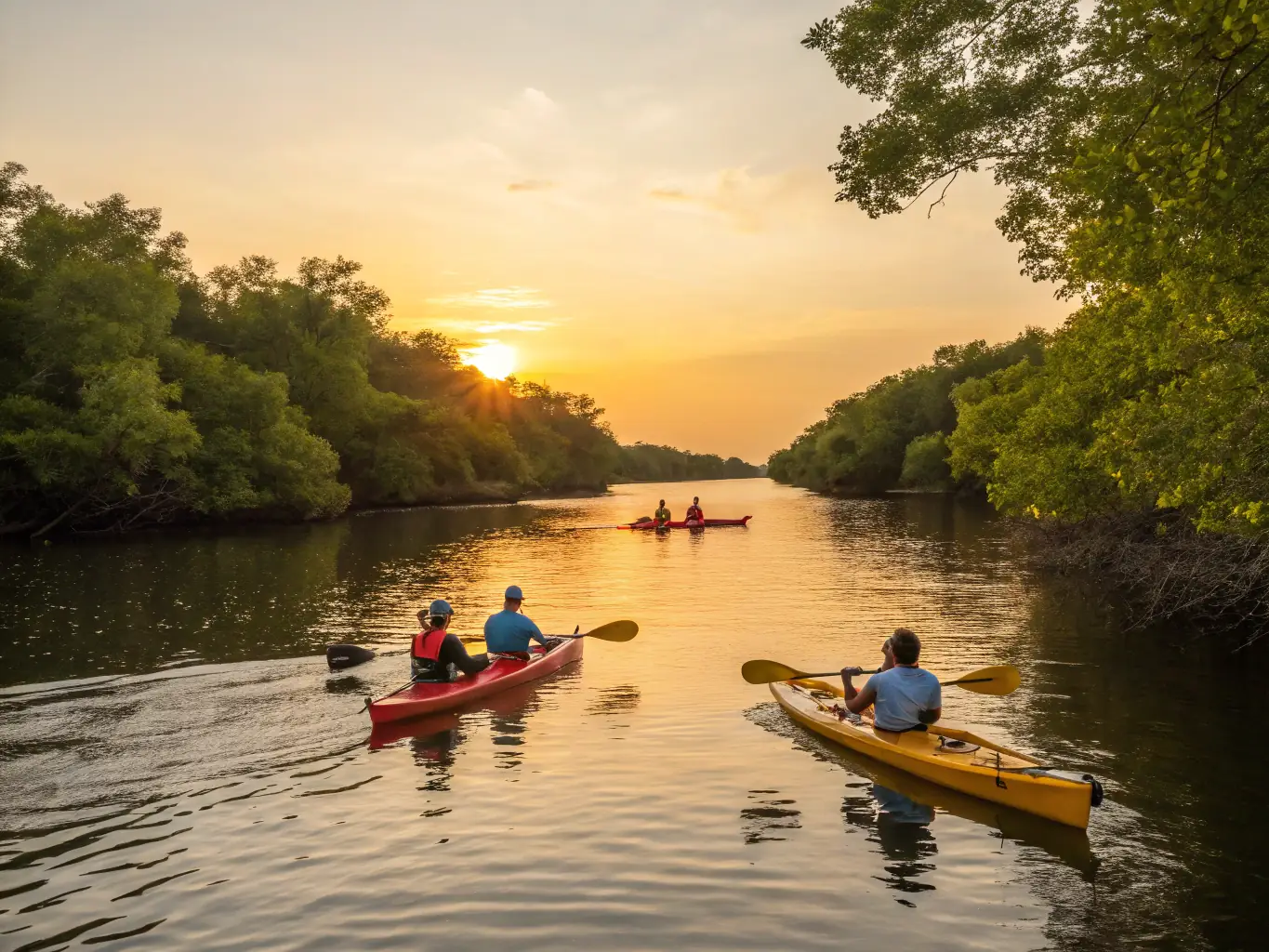 A dynamic image of participants kayaking on a river, capturing the adventure and teamwork involved in the SPORTS PALANGES NATURE kayaking event.