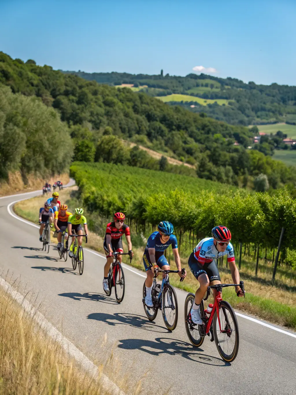 A dynamic shot of cyclists racing through a picturesque countryside during a SPORTS PALANGES NATURE cycling event, showcasing the speed and excitement of the race.