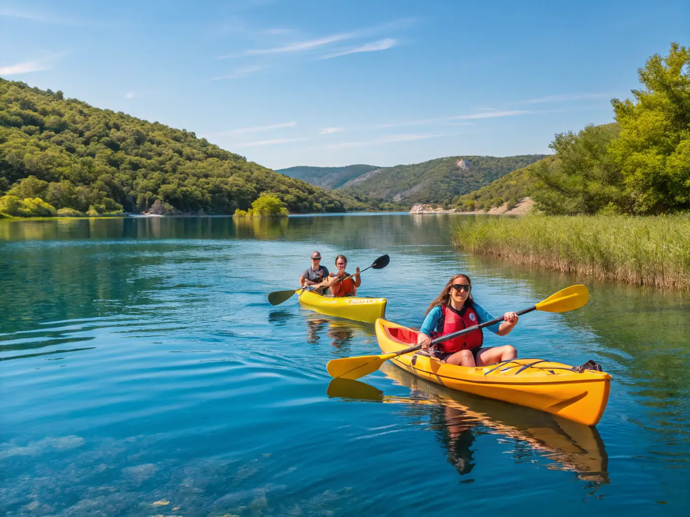 A picturesque image of participants kayaking on a serene lake during a SPORTS PALANGES NATURE outdoor adventure event, highlighting the tranquility and enjoyment of water sports.