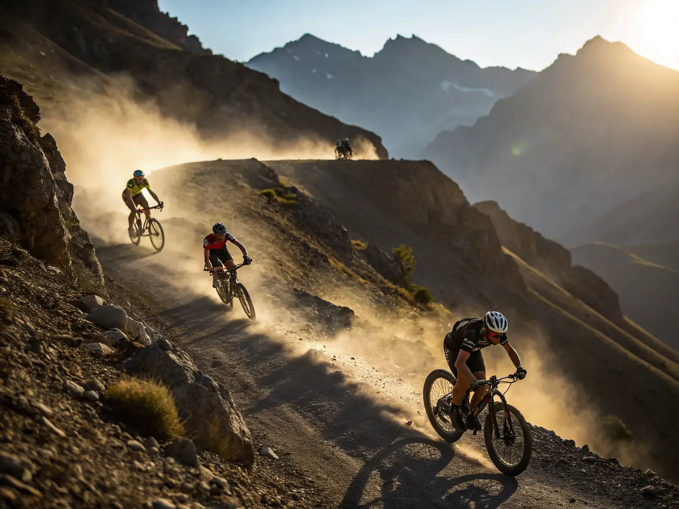 An action shot of cyclists navigating a challenging mountain biking trail during a SPORTS PALANGES NATURE event, showcasing the excitement and skill involved.