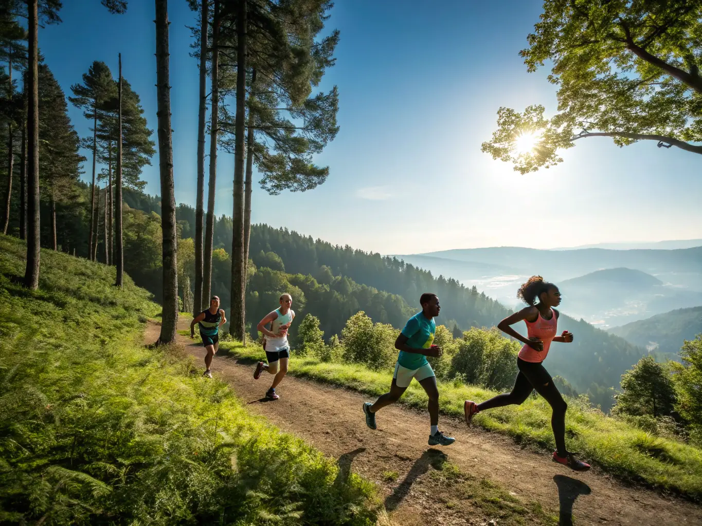 A vibrant image of participants running a cross-country race through a forest, showcasing the energy and excitement of a SPORTS PALANGES NATURE event.