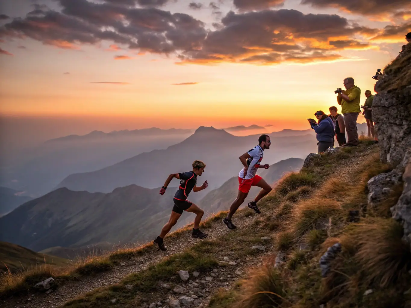 A dynamic photograph capturing a group of runners participating in a cross-country race organized by SPORTS PALANGES NATURE, set against a scenic backdrop of the Palanges mountains.