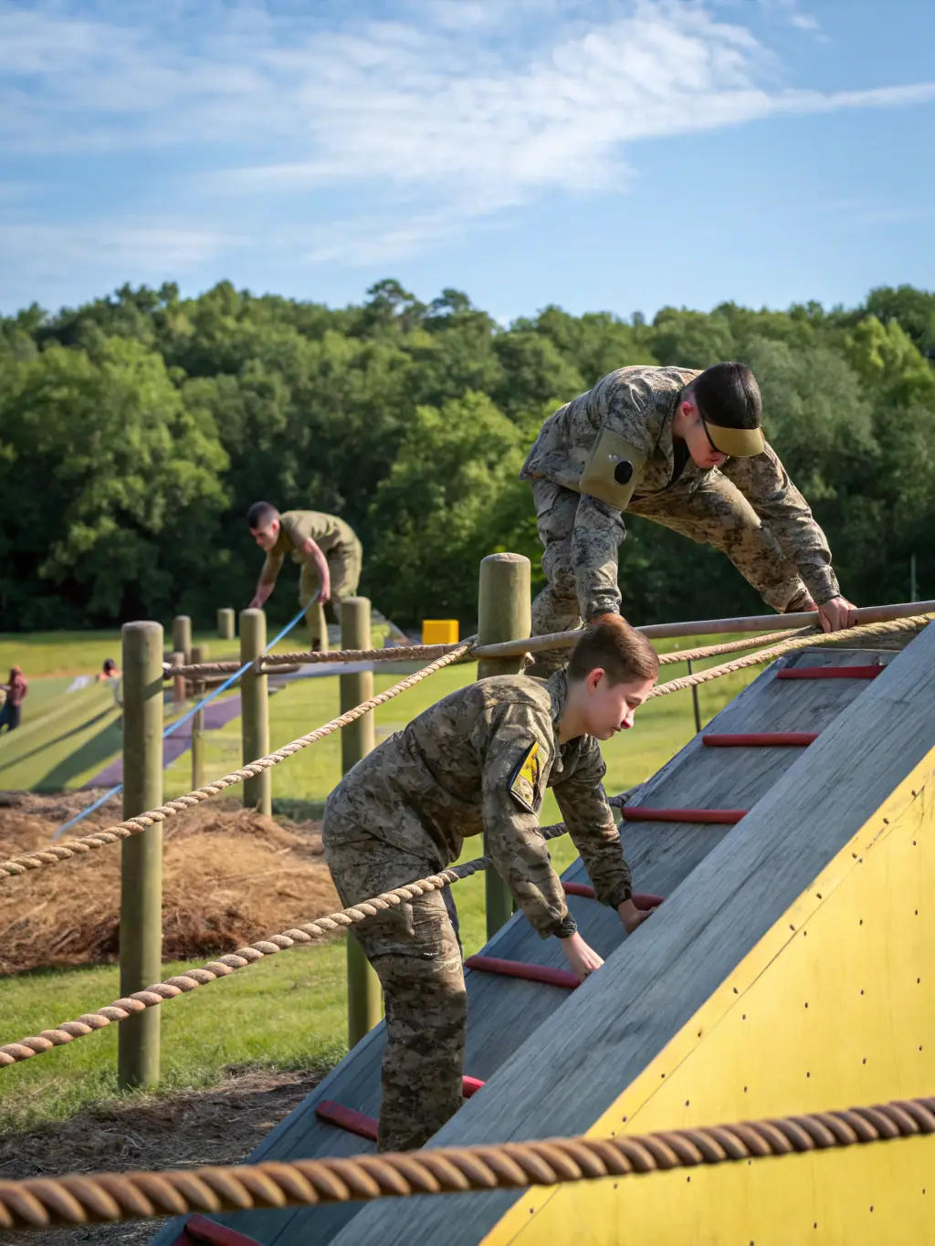 An inspiring image of participants navigating an obstacle course during an outdoor adventure race organized by SPORTS PALANGES NATURE, highlighting teamwork, problem-solving, and the spirit of adventure.
